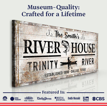 Personalized River House Sign II canvas by Tailored Canvases, rustic sign with RIVER HOUSE on Tampa Home & Garden Store