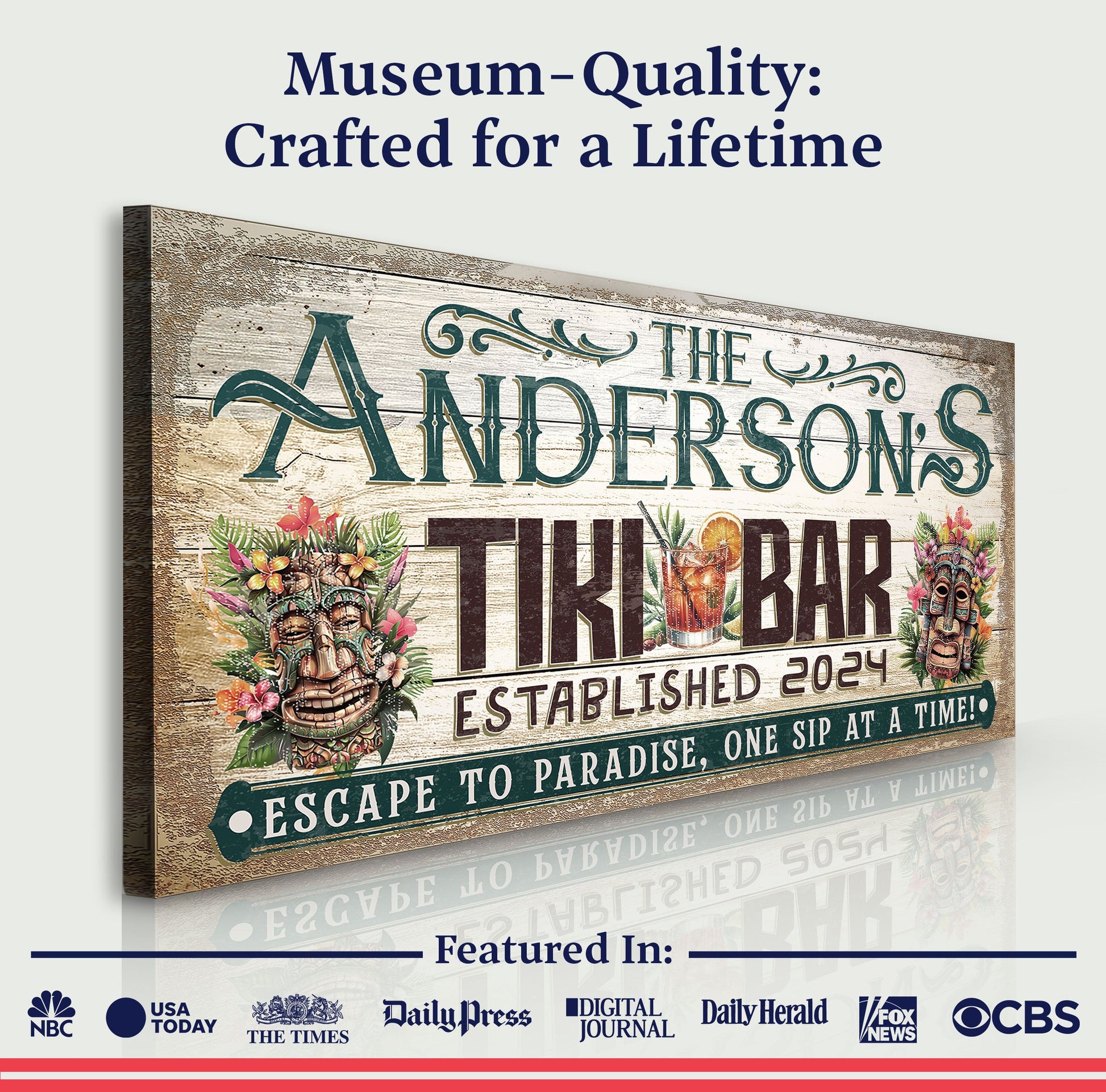 Personalized Tiki Bar Sign III canvas with distressed wood look and tropical floral accents on Tampa Home & Garden Store