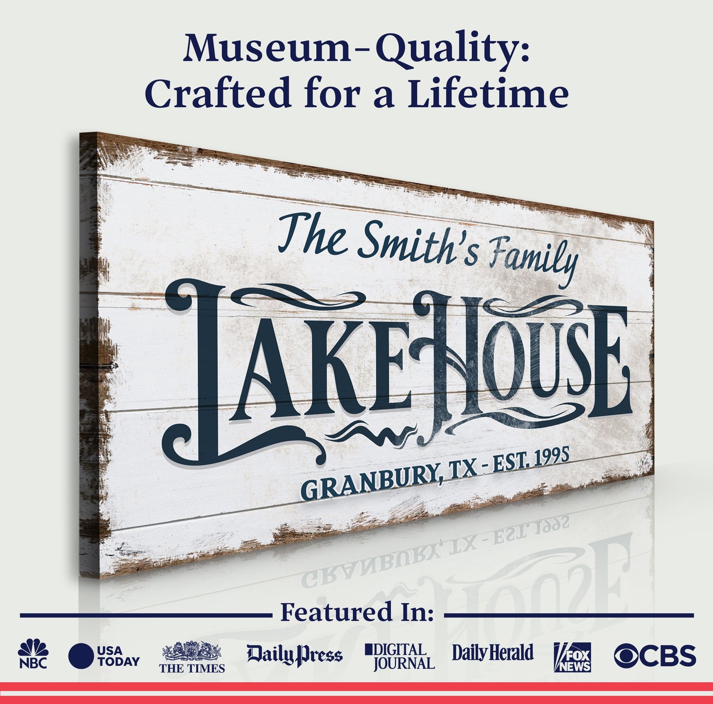 Lake House Sign VII canvas by Tailored Canvases with rustic weathered wood plank background on Tampa Home & Garden Store