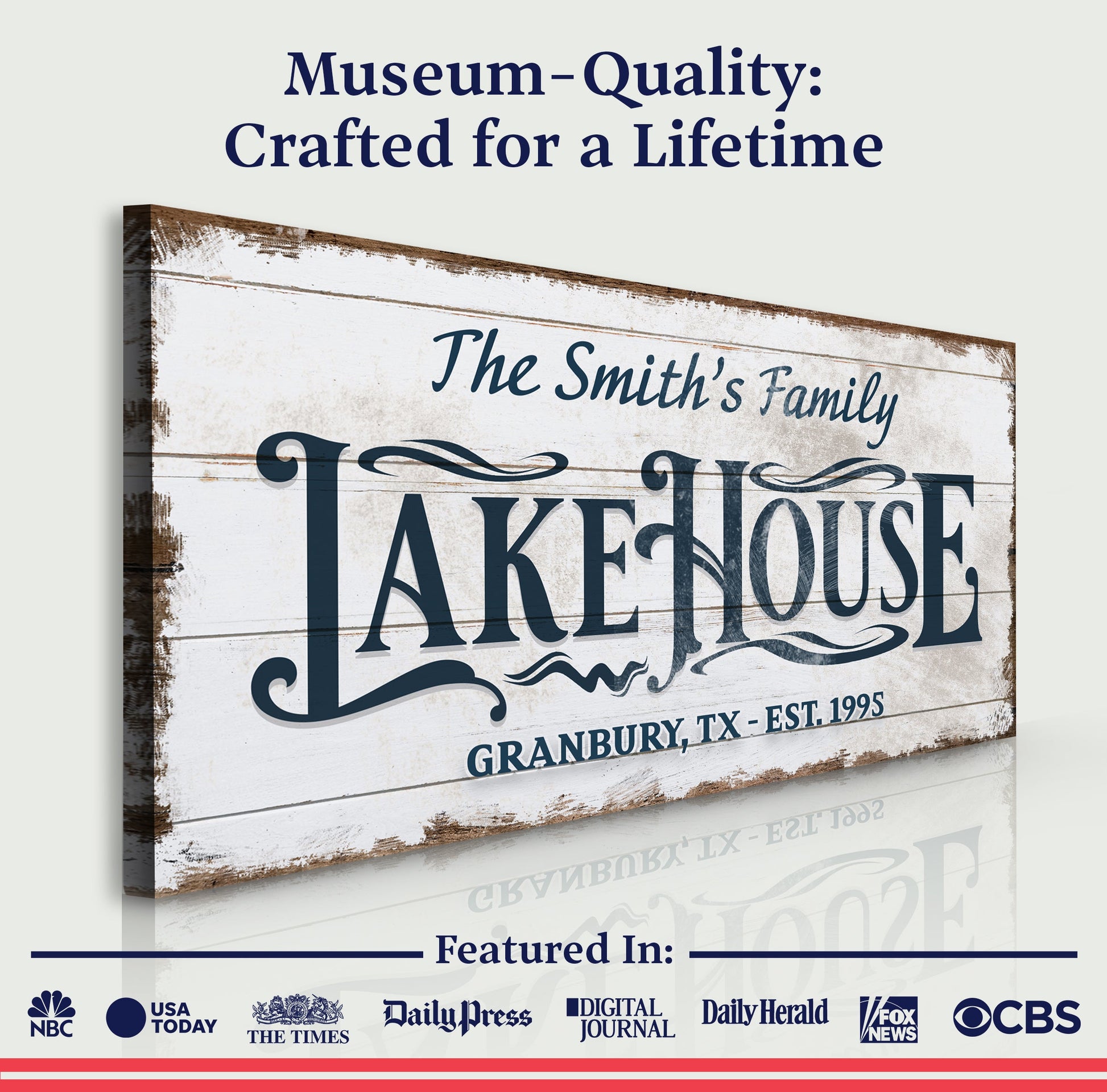 Lake House Sign VII canvas by Tailored Canvases with rustic weathered wood plank background on Tampa Home & Garden Store