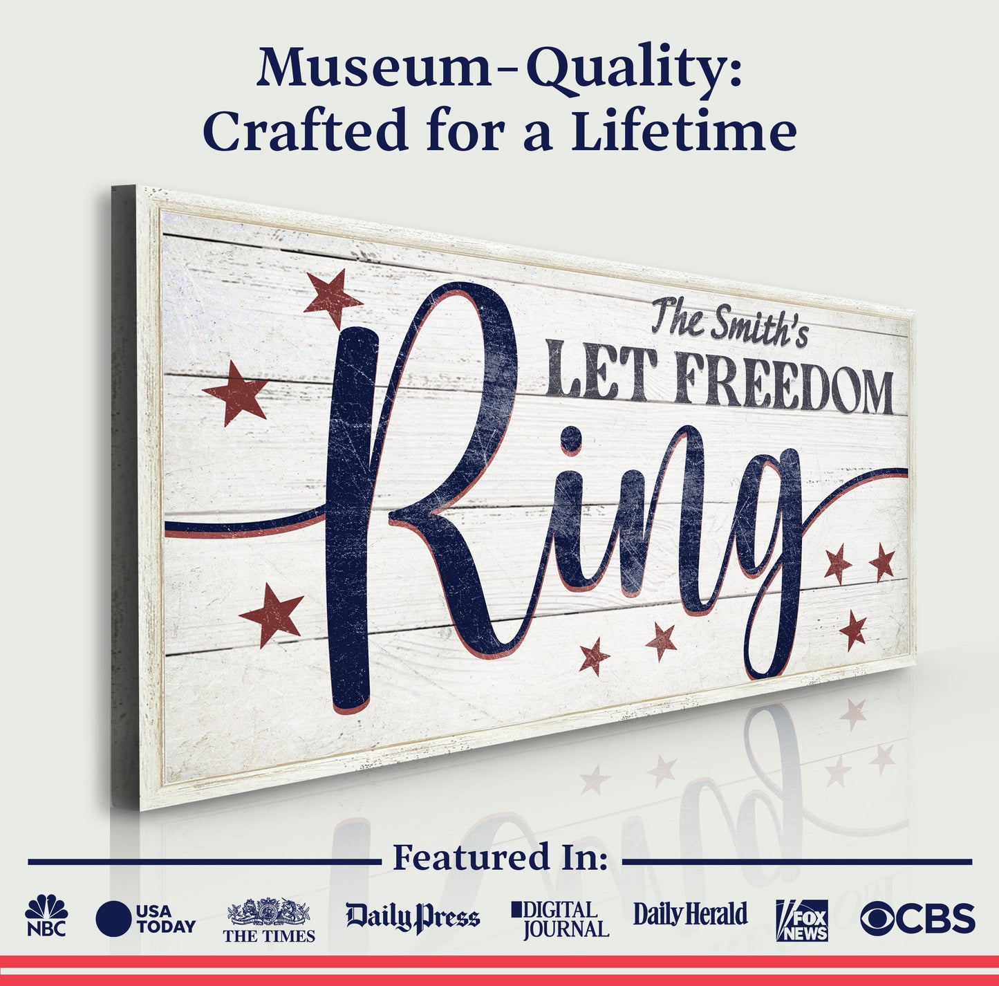 Canvas sign Let Freedom Ring with rustic wood and red stars, bold blue script on Tampa Home & Garden Store