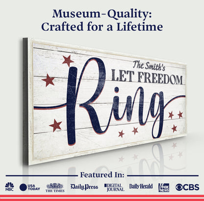 Canvas sign Let Freedom Ring with rustic wood and red stars, bold blue script on Tampa Home & Garden Store