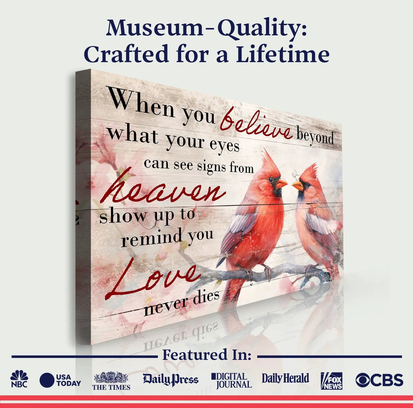 Tailored Canvases canvas with wood texture background, black script quote and two red cardinals on Tampa Home & Garden Store