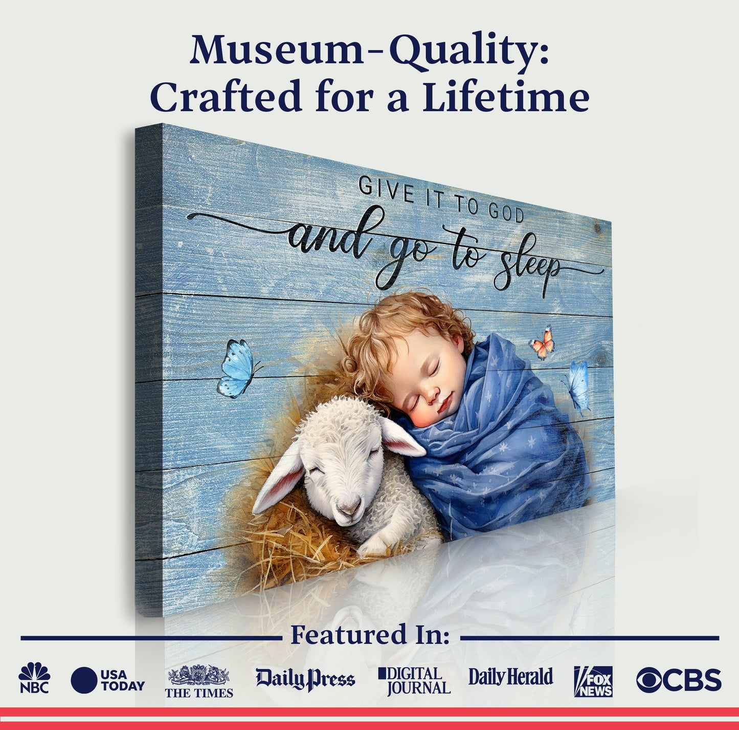 Canvas Tailored Canvases faith sign Give It To God And Go To Sleep with child and lamb on blue on Tampa Home & Garden Store