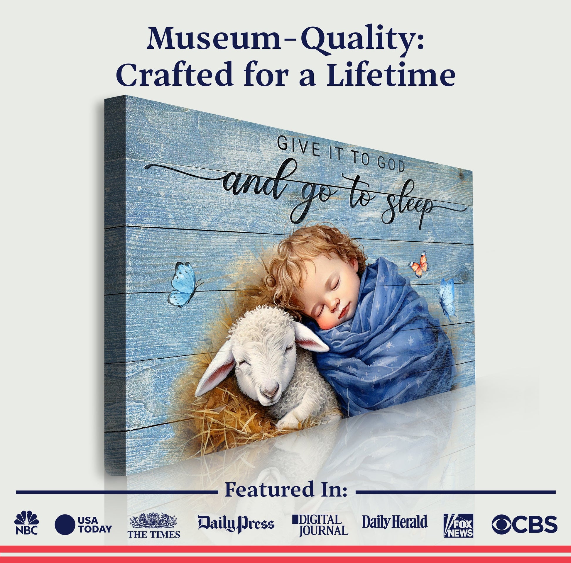 Canvas Tailored Canvases faith sign Give It To God And Go To Sleep with child and lamb on blue on Tampa Home & Garden Store