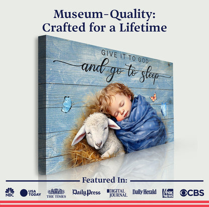Canvas Tailored Canvases faith sign Give It To God And Go To Sleep with child and lamb on blue on Tampa Home & Garden Store