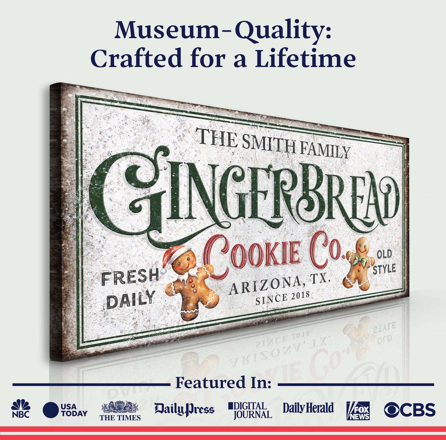 Family Gingerbread Bakery Christmas Sign II canvas by Tailored Canvases with vintage finish and cookie motif on Tampa Home & Garden Store