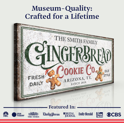 Family Gingerbread Bakery Christmas Sign II canvas by Tailored Canvases with vintage finish and cookie motif on Tampa Home & Garden Store