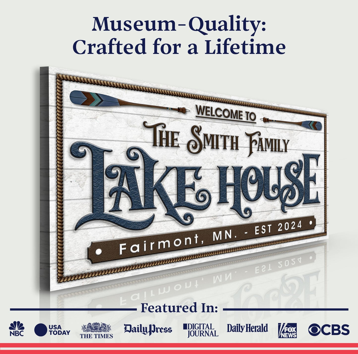 Lake House Sign XII canvas by Tailored Canvases; rustic framed sign in blue lettering on Tampa Home & Garden Store