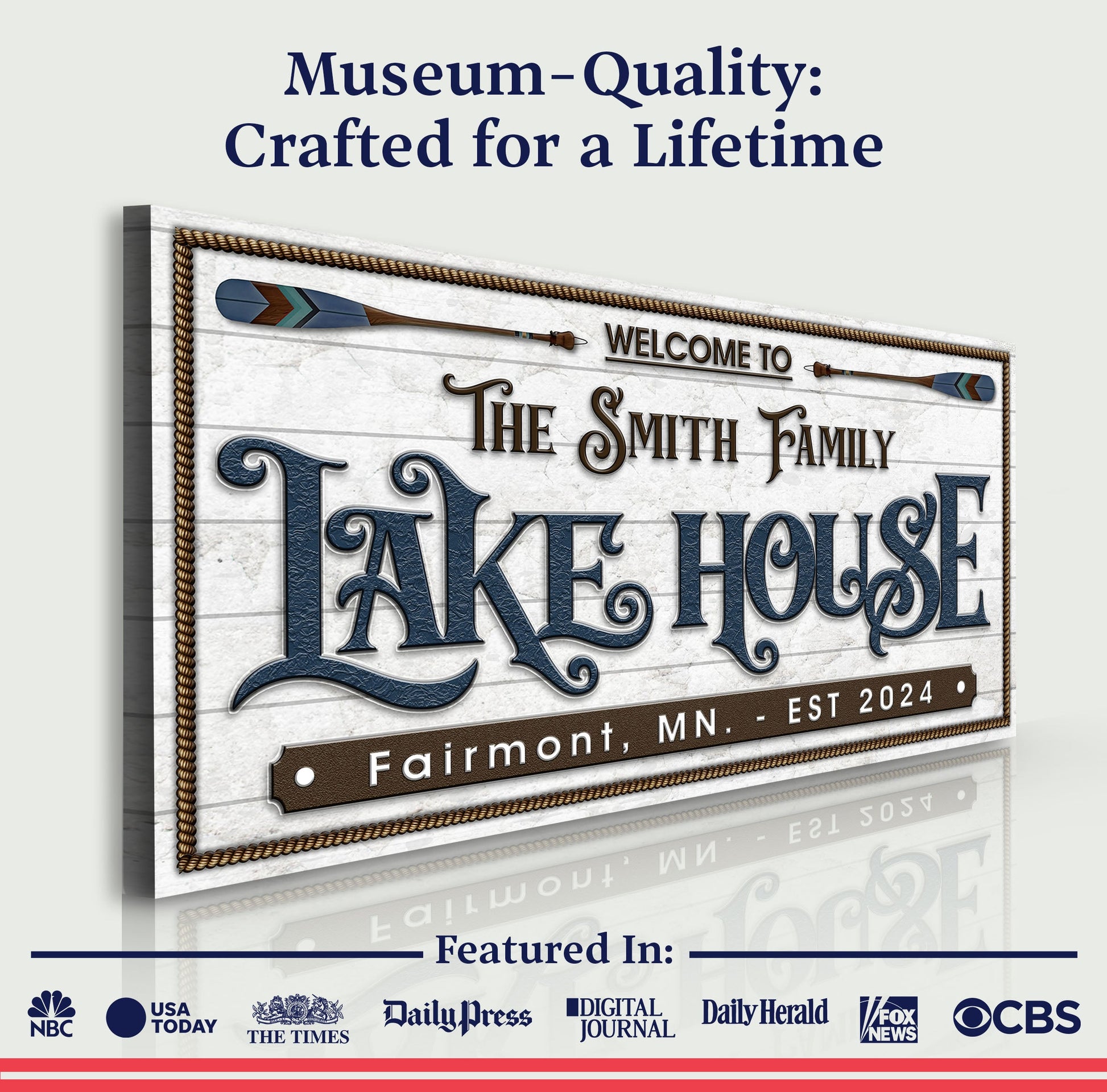 Lake House Sign XII canvas by Tailored Canvases; rustic framed sign in blue lettering on Tampa Home & Garden Store