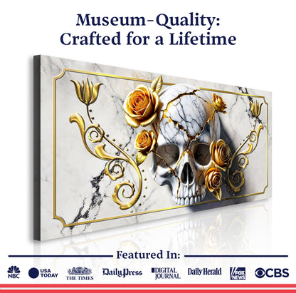 3D Rose and Skull Wall Art canvas by Tailored Canvases with marble backdrop and gold frame on Tampa Home & Garden Store