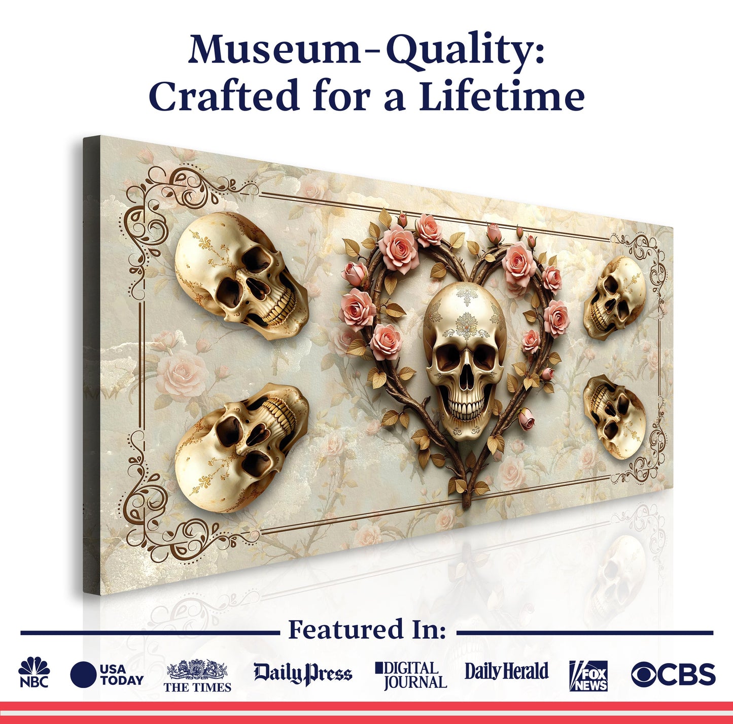 3D Vintage Skull Wall Art canvas by Tailored Canvases, skulls and pink roses on Tampa Home & Garden Store