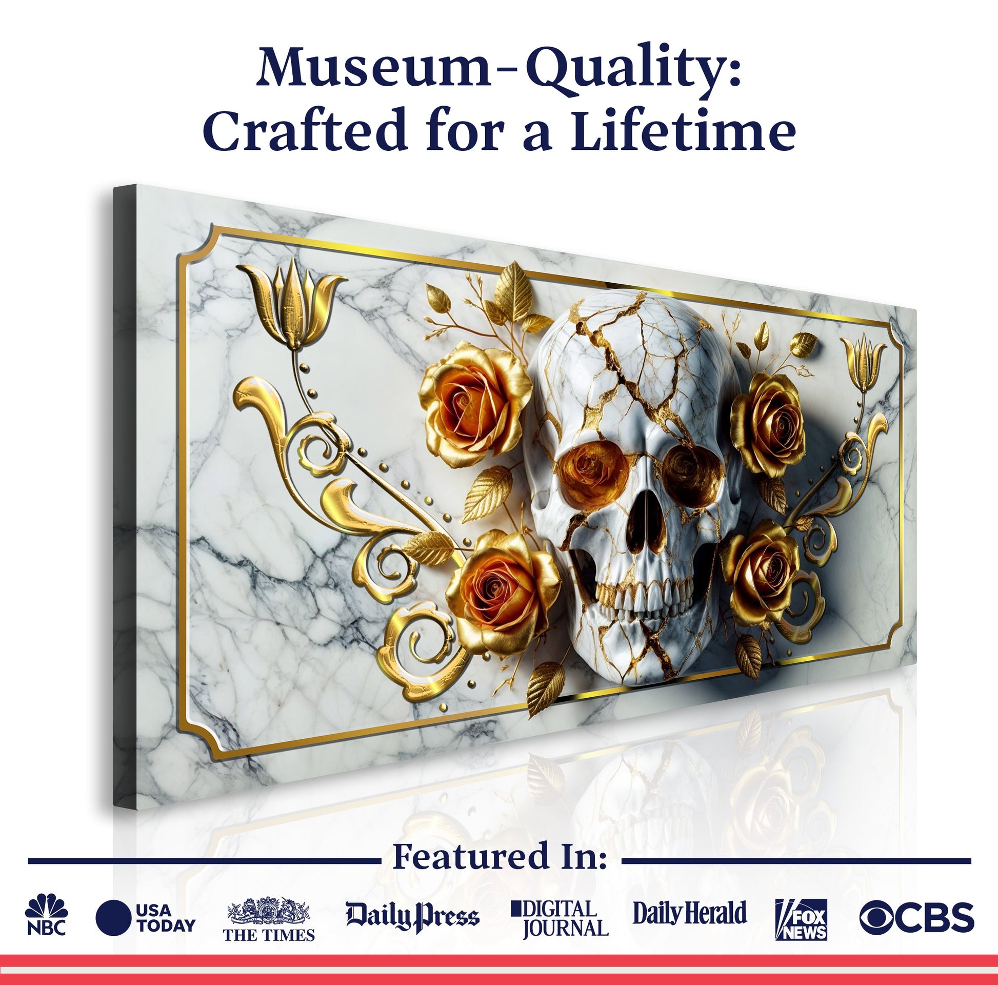 3D Rose and Skull Wall Art II canvas by Tailored Canvases with gold roses on marble background on Tampa Home & Garden Store
