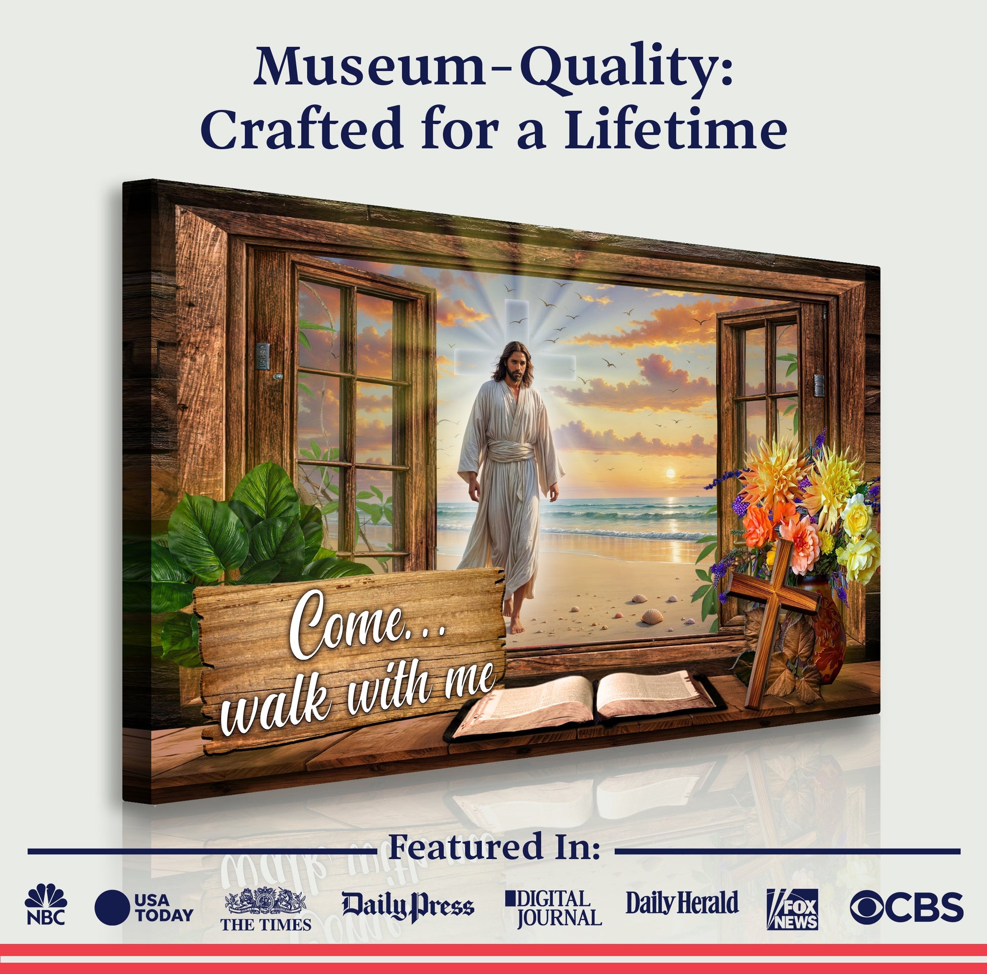 Come Walk With Me Jesus Faith Sign canvas; Jesus in white robes steps from a doorway onto beach on Tampa Home & Garden Store