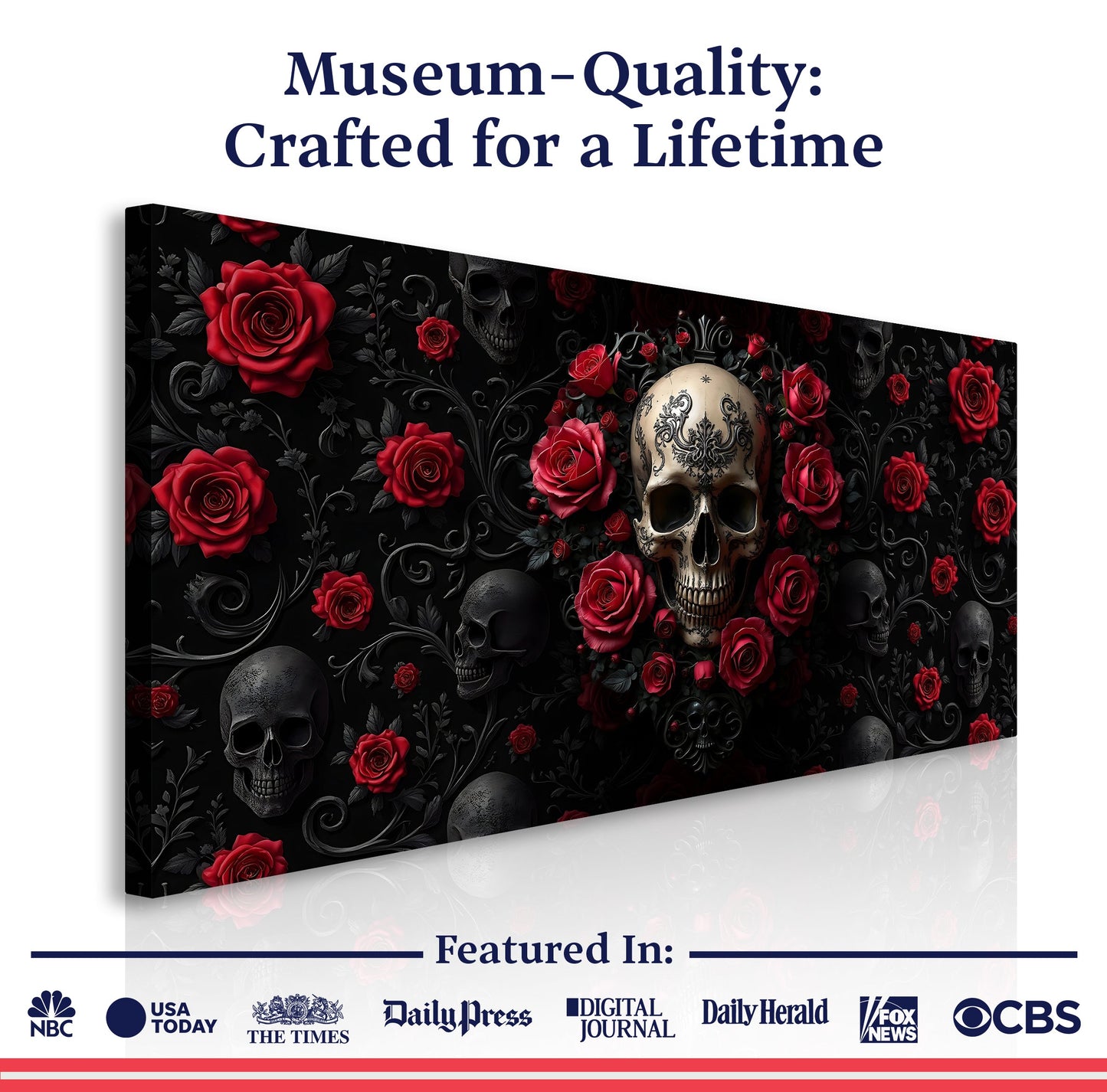 Tailored Canvases 3D Rose and Skull Wall Art III canvas with red roses and skull on black on Tampa Home & Garden Store