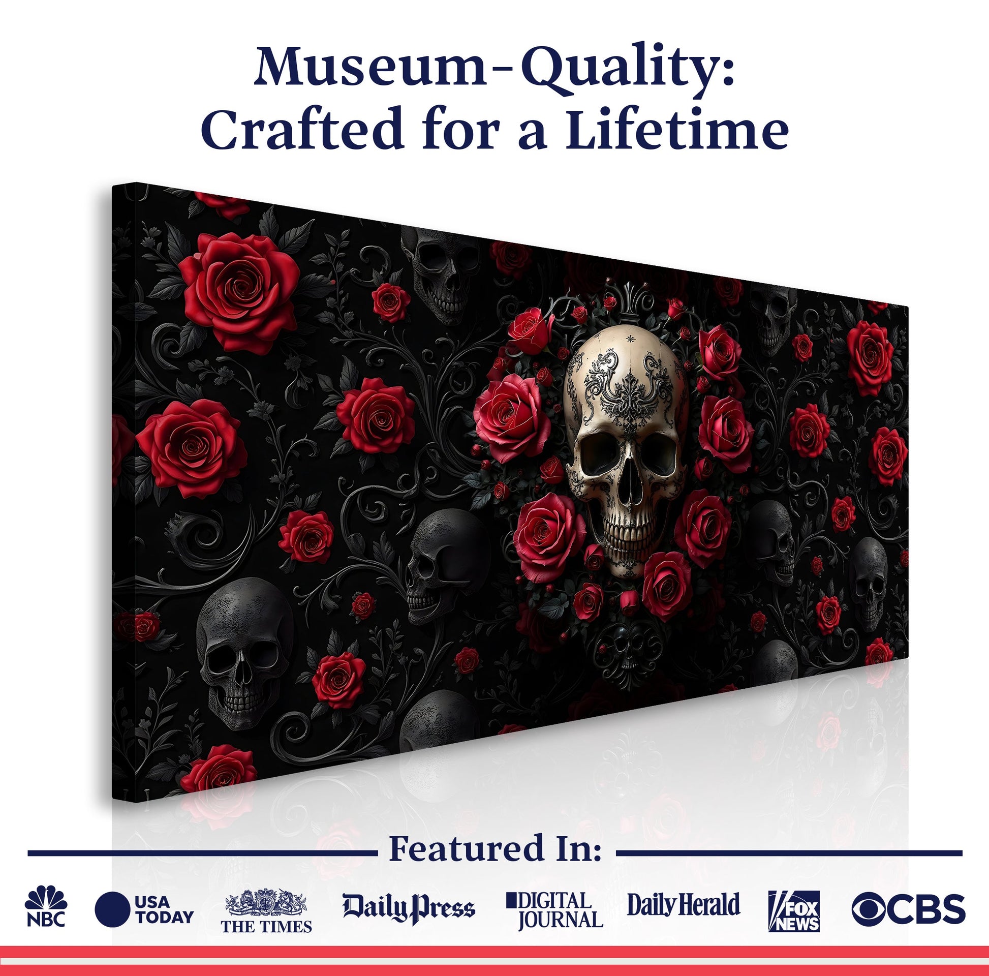 Tailored Canvases 3D Rose and Skull Wall Art III canvas with red roses and skull on black on Tampa Home & Garden Store