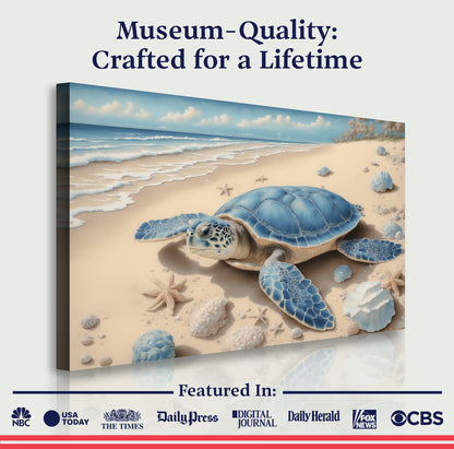 3D Coastal Wall Art Canvas by Tailored Canvases: blue sea turtle on sandy beach with shells on Tampa Home & Garden Store