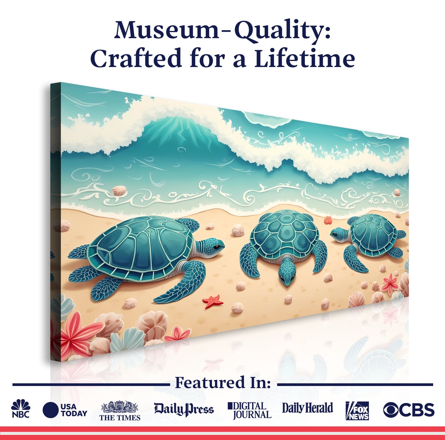 3D Coastal Wall Art II canvas by Tailored Canvases featuring five sea turtles on a sandy beach on Tampa Home & Garden Store