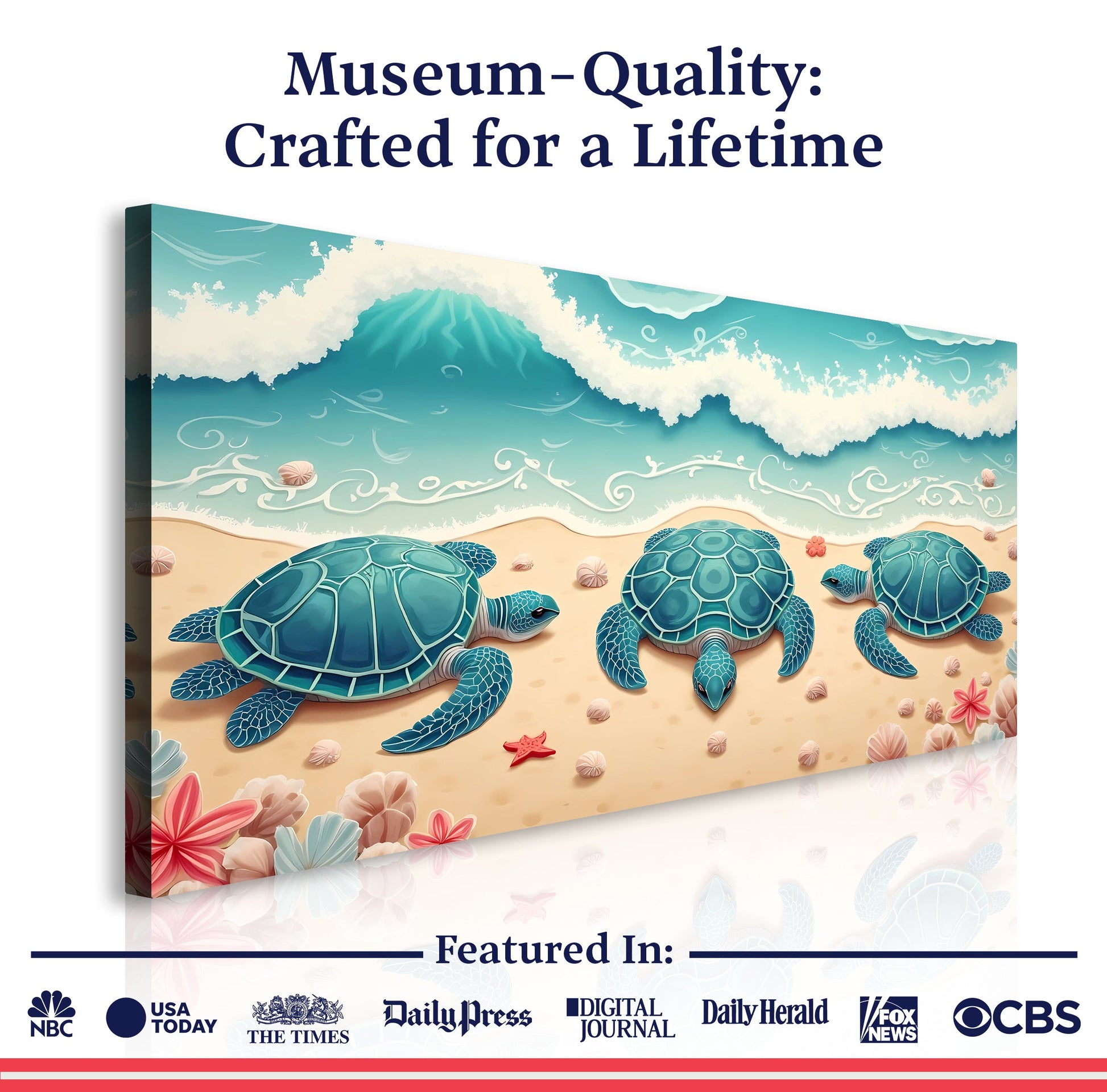 3D Coastal Wall Art II canvas by Tailored Canvases featuring five sea turtles on a sandy beach on Tampa Home & Garden Store