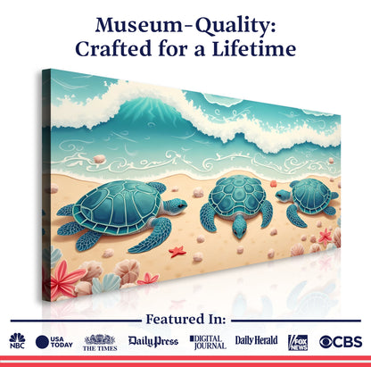 3D Coastal Wall Art II canvas by Tailored Canvases featuring five sea turtles on a sandy beach on Tampa Home & Garden Store