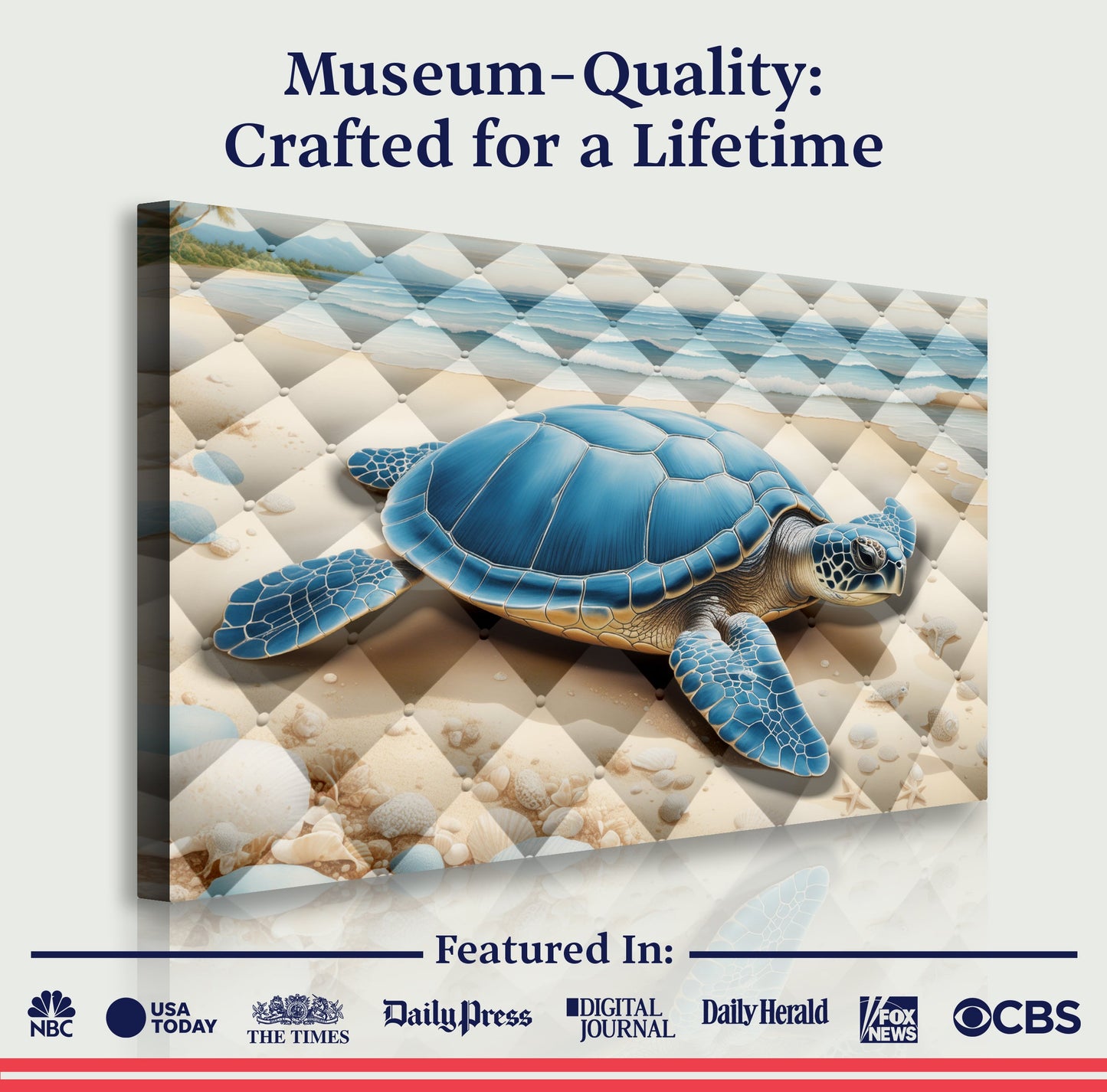 3D Coastal Wall Art V canvas by Tailored Canvases features a blue sea turtle on a beach on Tampa Home & Garden Store