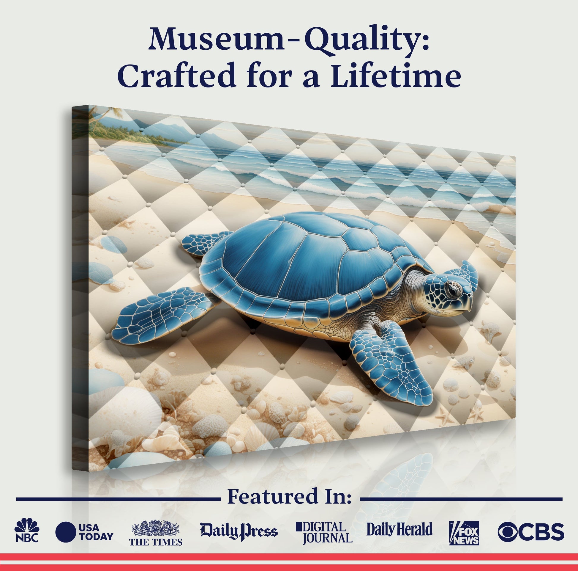 3D Coastal Wall Art V canvas by Tailored Canvases features a blue sea turtle on a beach on Tampa Home & Garden Store