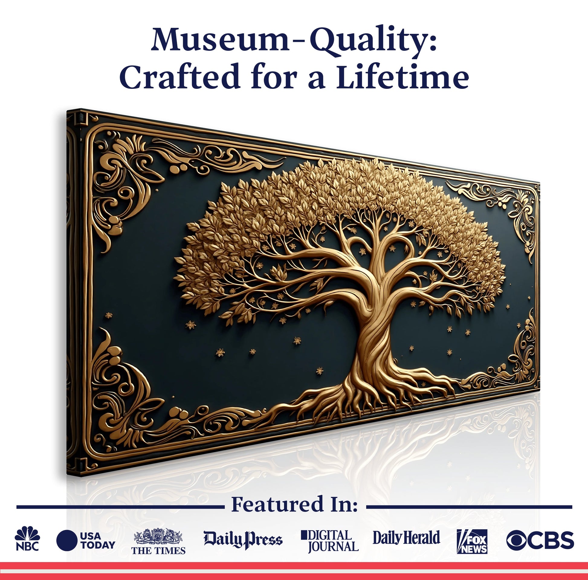 3D Celtic Tree Of Life canvas by Tailored Canvases with gold relief tree on dark backdrop on Tampa Home & Garden Store
