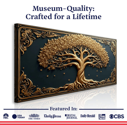 3D Celtic Tree Of Life canvas by Tailored Canvases with gold relief tree on dark backdrop on Tampa Home & Garden Store