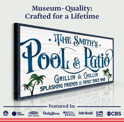 Personalized Pool Bar Sign II canvas with blue script on white wood, framed in blue on Tampa Home & Garden Store