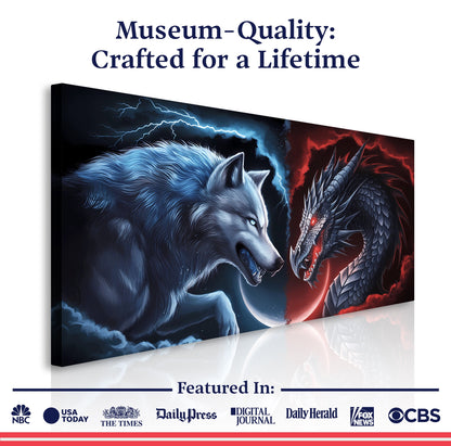 3D Dragon and Wolf Wall Art canvas Tailored Canvases; blue wolf vs red dragon, stormy battle on Tampa Home & Garden Store