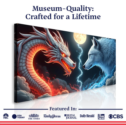 Canvas art 3D Dragon and Wolf Wall Art III by Tailored Canvases, fiery dragon vs icy wolf on Tampa Home & Garden Store