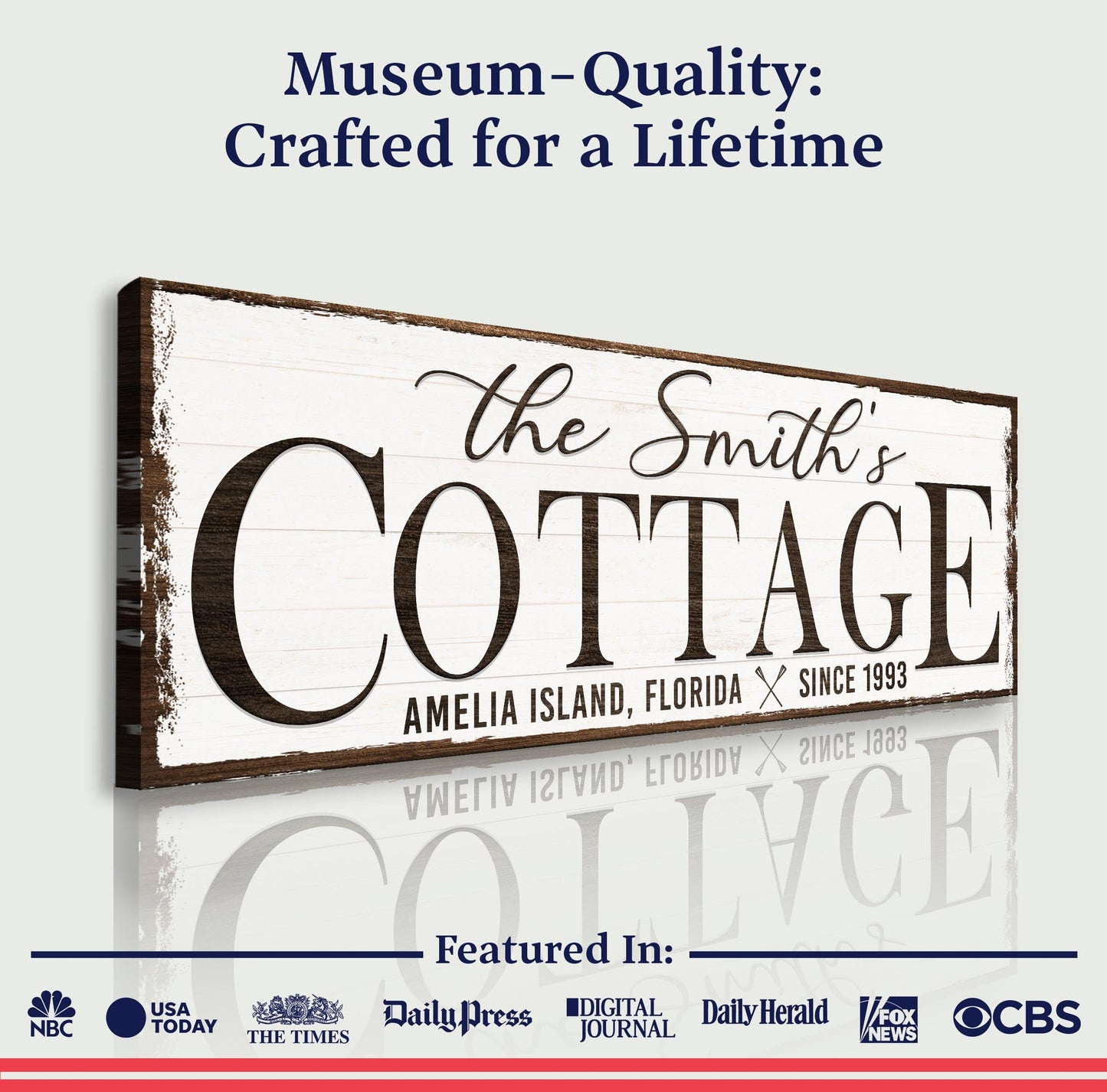 Cottage Beach House Sign II canvas by Tailored Canvases with distressed white plaque design on Tampa Home & Garden Store