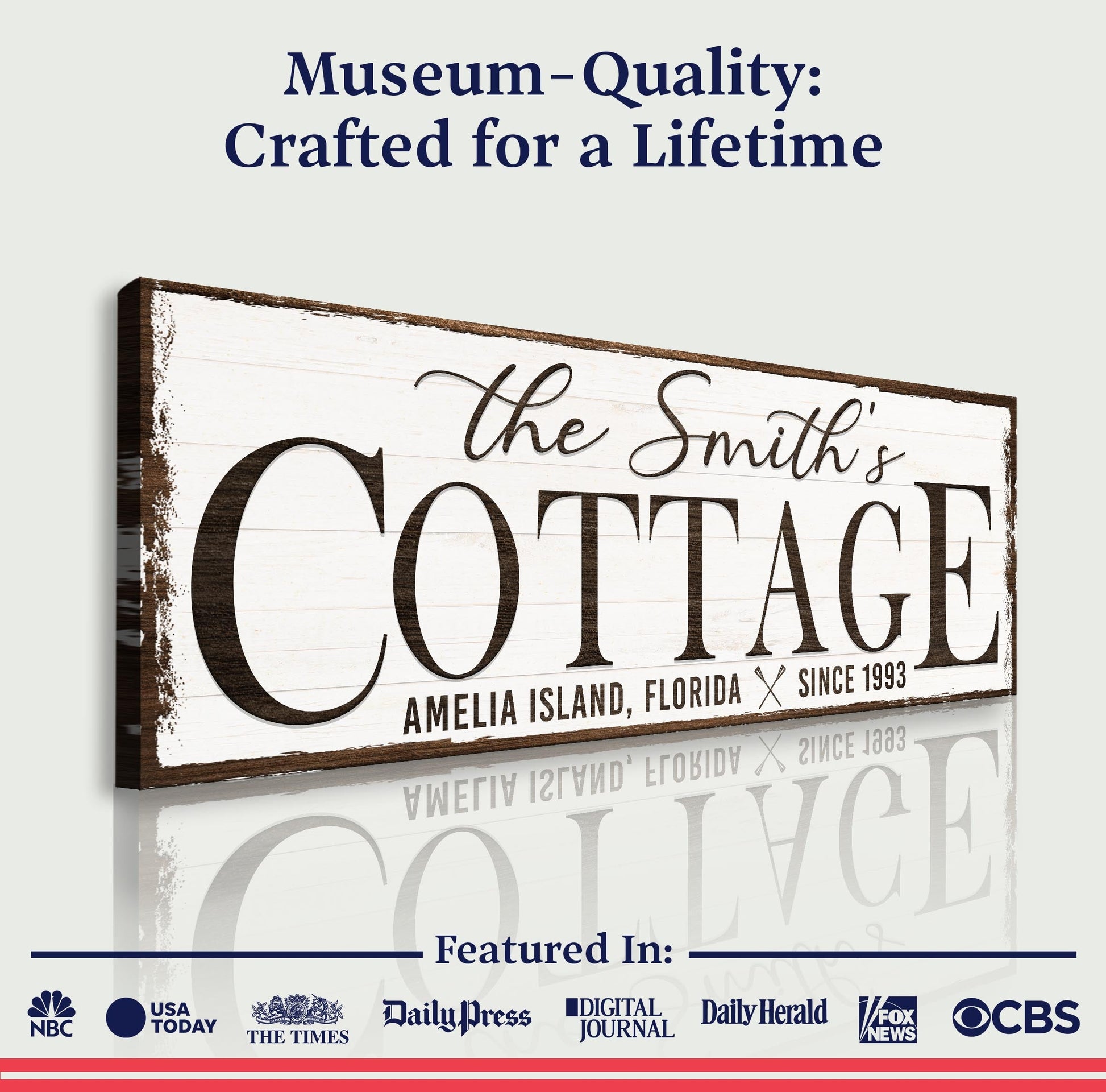 Cottage Beach House Sign II canvas by Tailored Canvases with distressed white plaque design on Tampa Home & Garden Store