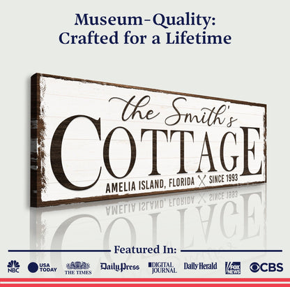 Cottage Beach House Sign II canvas by Tailored Canvases with distressed white plaque design on Tampa Home & Garden Store