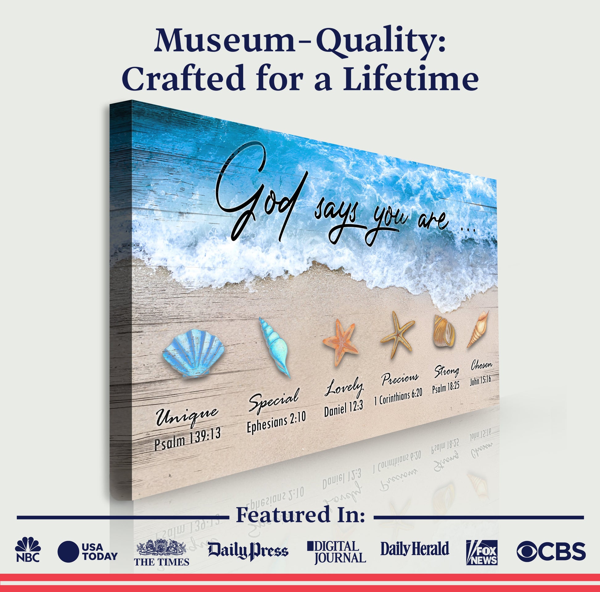 Canvas God Says You Are Faith Sign II by Tailored Canvases with blue ocean waves and seashells on Tampa Home & Garden Store