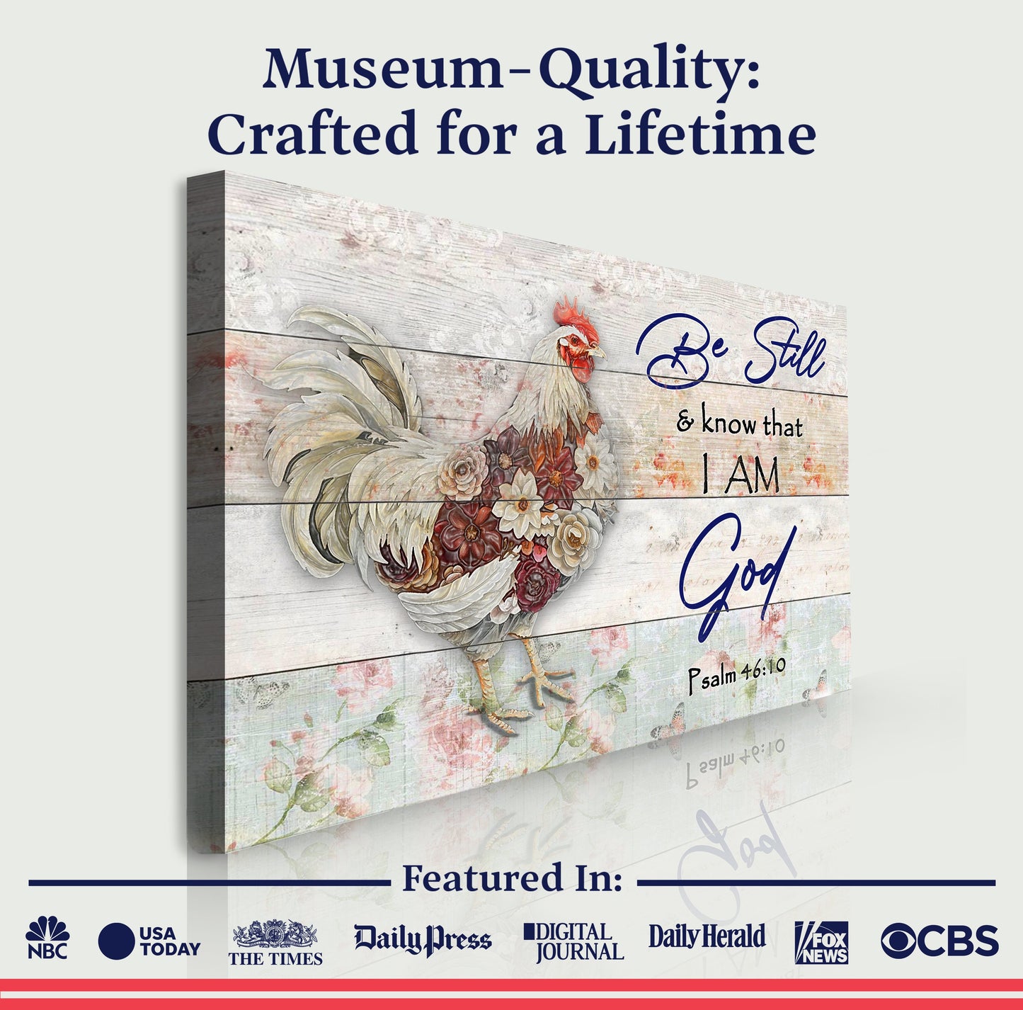Be Still Faith Sign II canvas Tailored Canvases rooster on rustic wood on Tampa Home & Garden Store