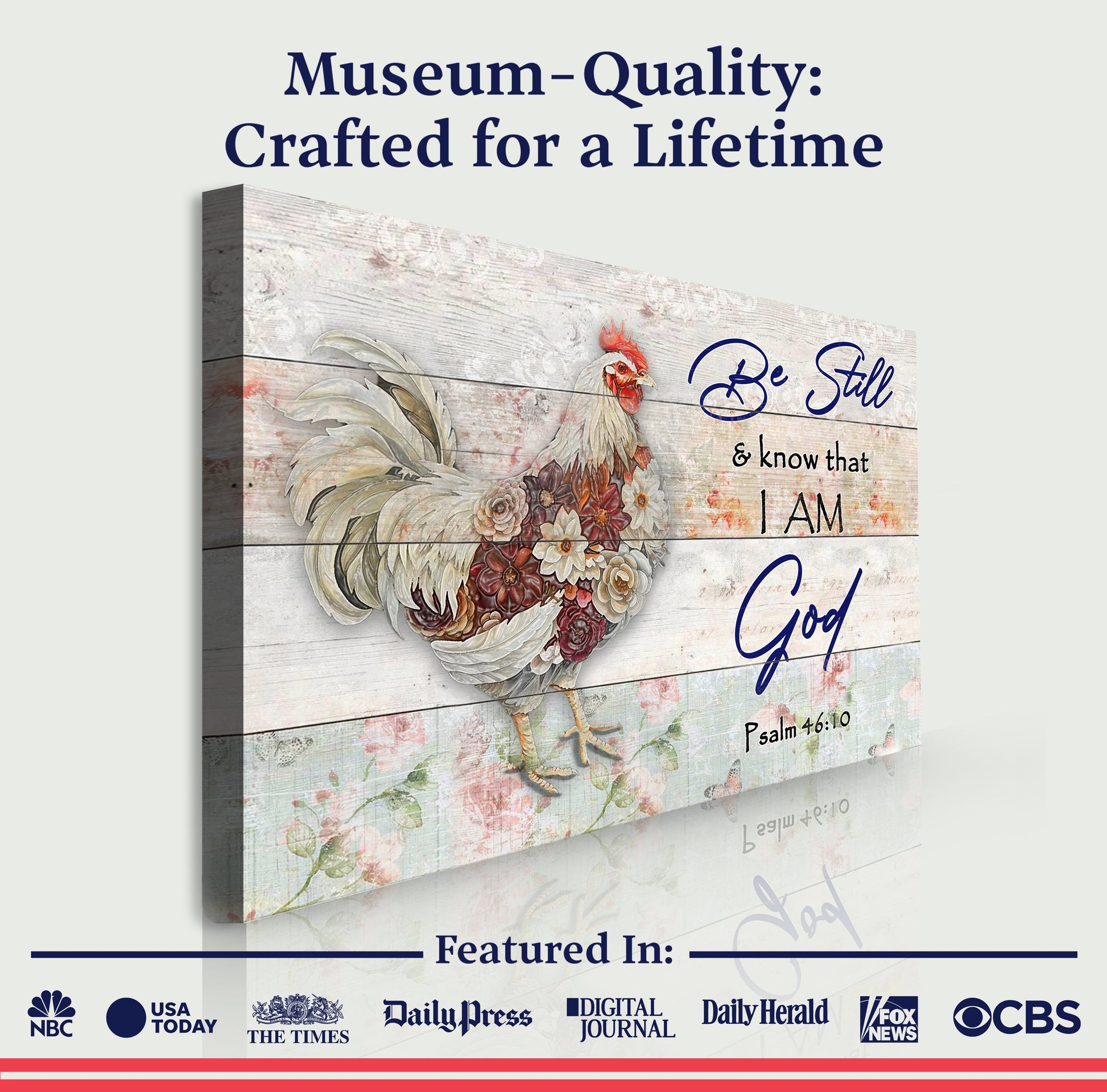 Be Still Faith Sign II canvas Tailored Canvases rooster on rustic wood on Tampa Home & Garden Store