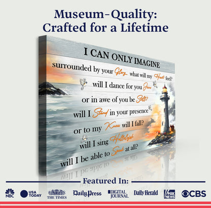 Canvas I Can Only Imagine Faith Sign III by Tailored Canvases; rustic plank with black text and orange accents on Tampa Home & Garden Store