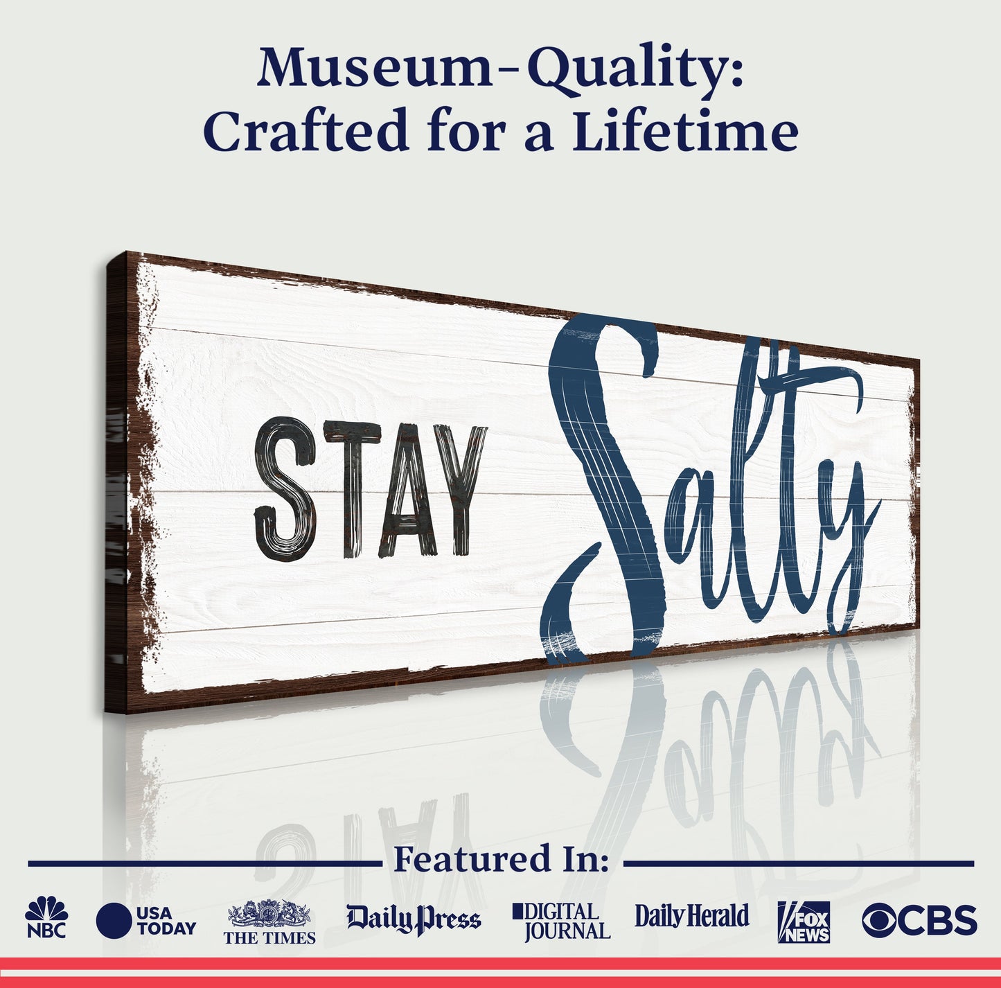 Canvas Stay Salty Coastal Sign III by Tailored Canvases, distressed wood with navy script on Tampa Home & Garden Store