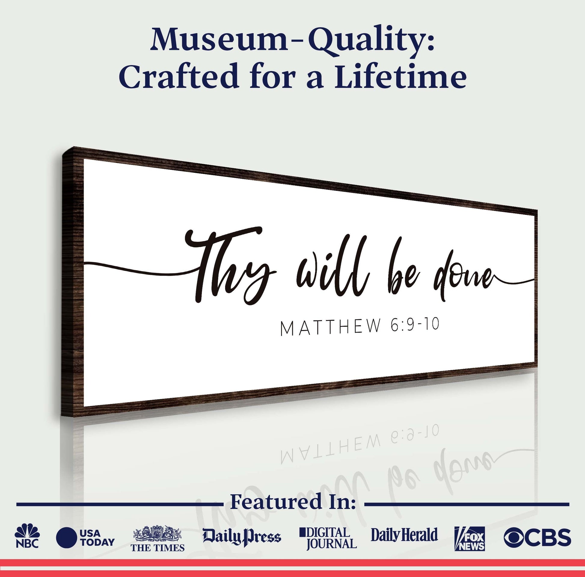 Canvas wall art Thy Will Be Done script quote from Tailored Canvases with dark wood frame on Tampa Home & Garden Store