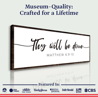 Canvas wall art Thy Will Be Done script quote from Tailored Canvases with dark wood frame on Tampa Home & Garden Store