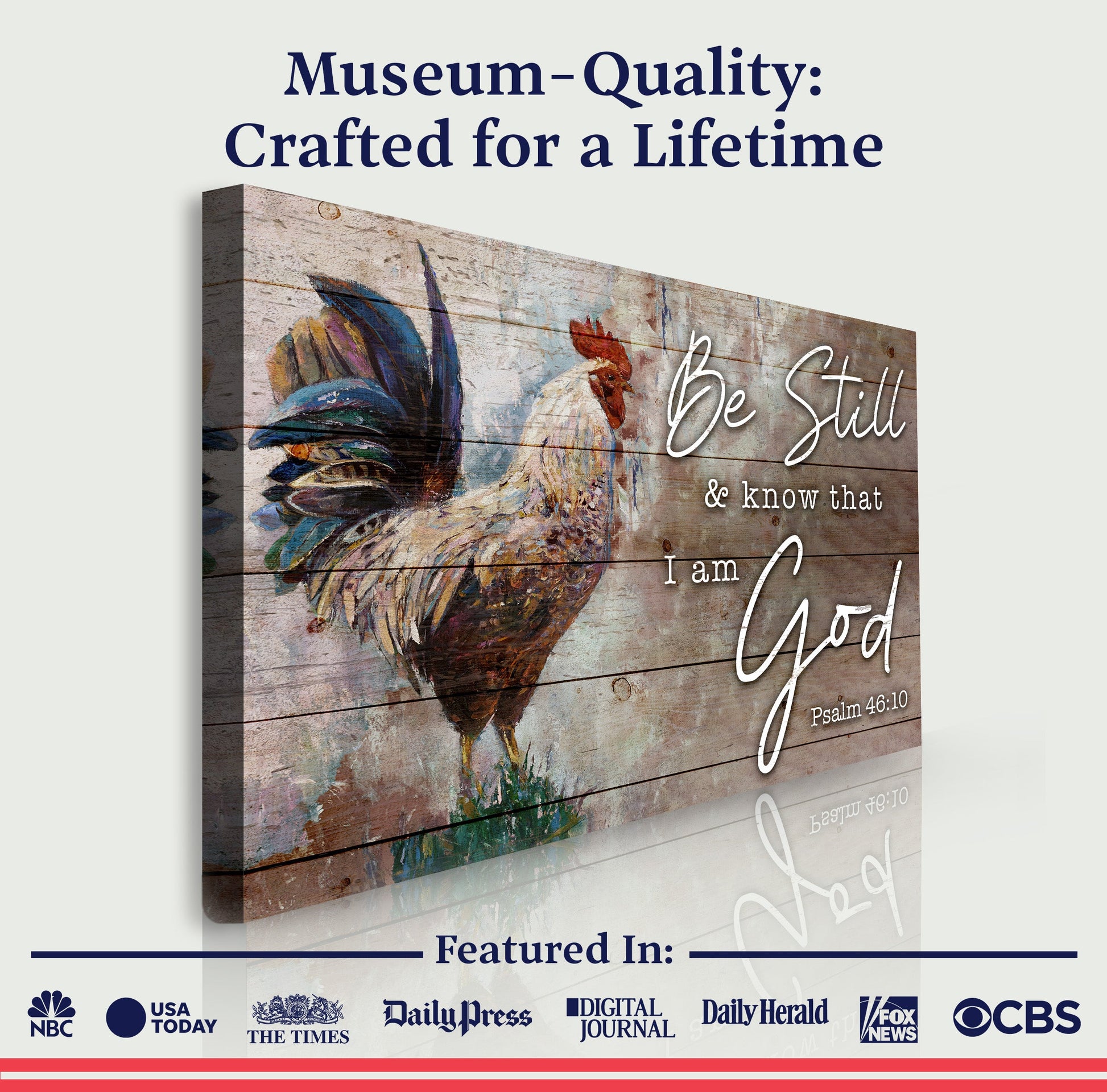 Be Still Faith Sign canvas by Tailored Canvases with rustic wood and rooster art on Tampa Home & Garden Store