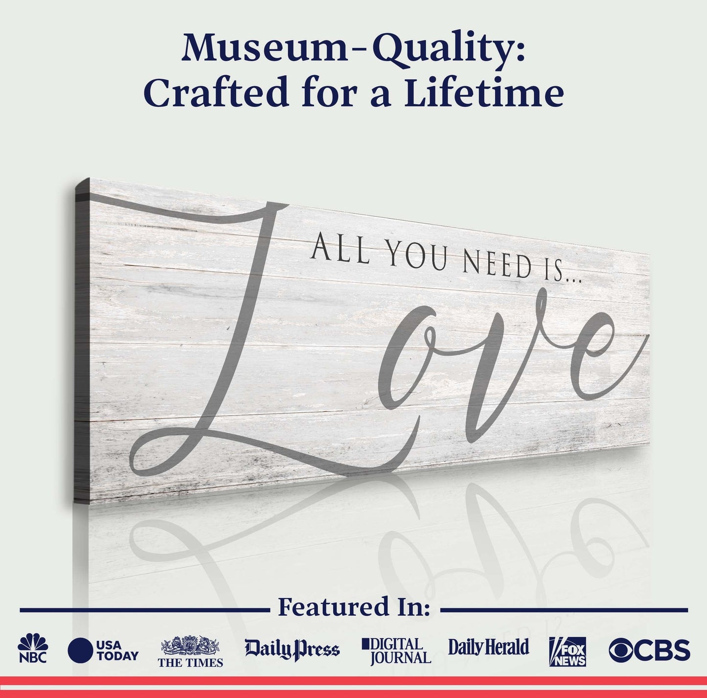 All You Need Is Love Sign IV canvas by Tailored Canvases, rustic wood plank backdrop on Tampa Home & Garden Store