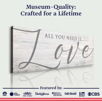 All You Need Is Love Sign IV canvas by Tailored Canvases, rustic wood plank backdrop on Tampa Home & Garden Store