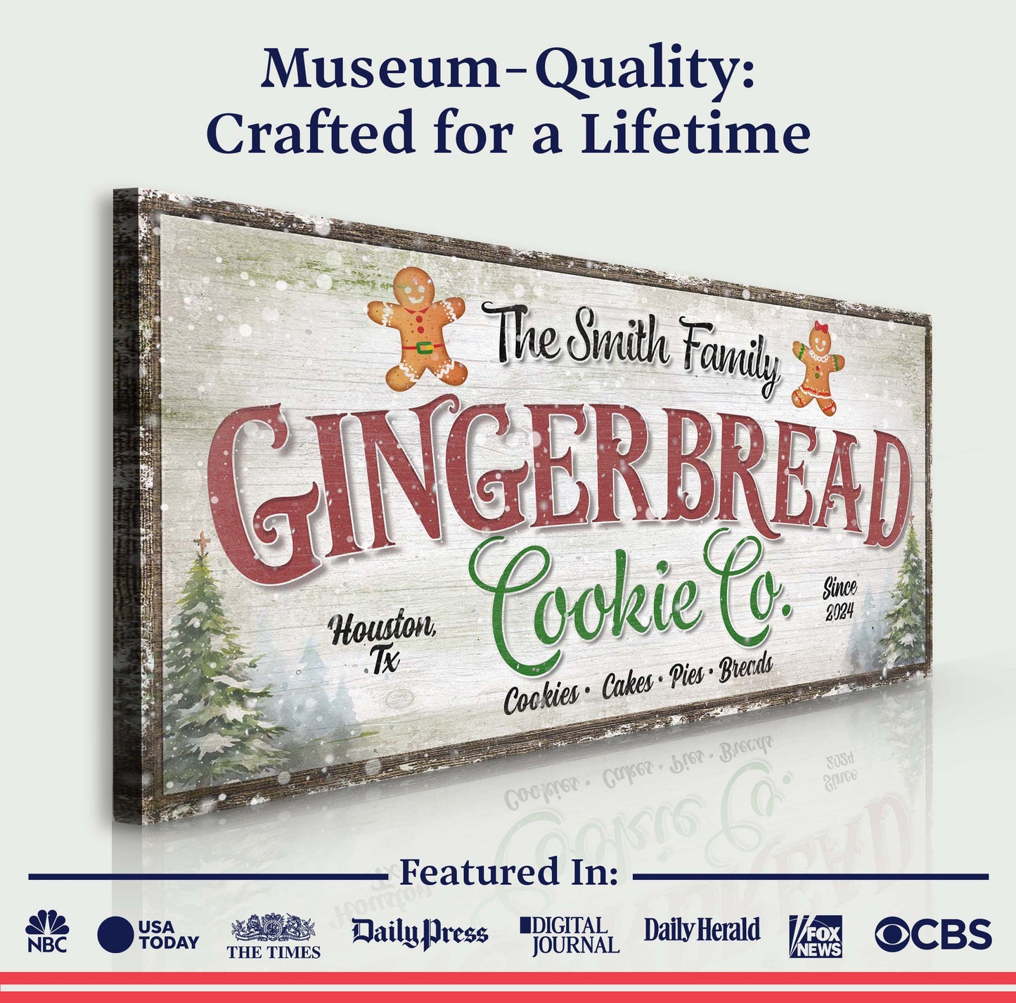 Family Gingerbread Bakery Christmas Sign III Canvas by Tailored Canvases with rustic wood on Tampa Home & Garden Store