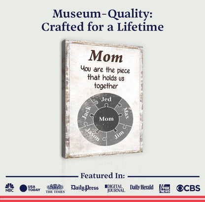 Mom Personalized Puzzle Sign canvas by Tailored Canvases, rustic distressed frame on Tampa Home & Garden Store