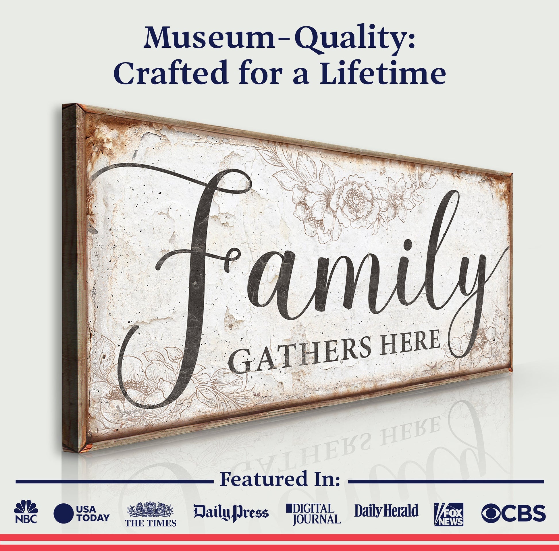 Family Gathers Here Sign Crafting Canvas by Tailored Canvases; vintage floral border on Tampa Home & Garden Store