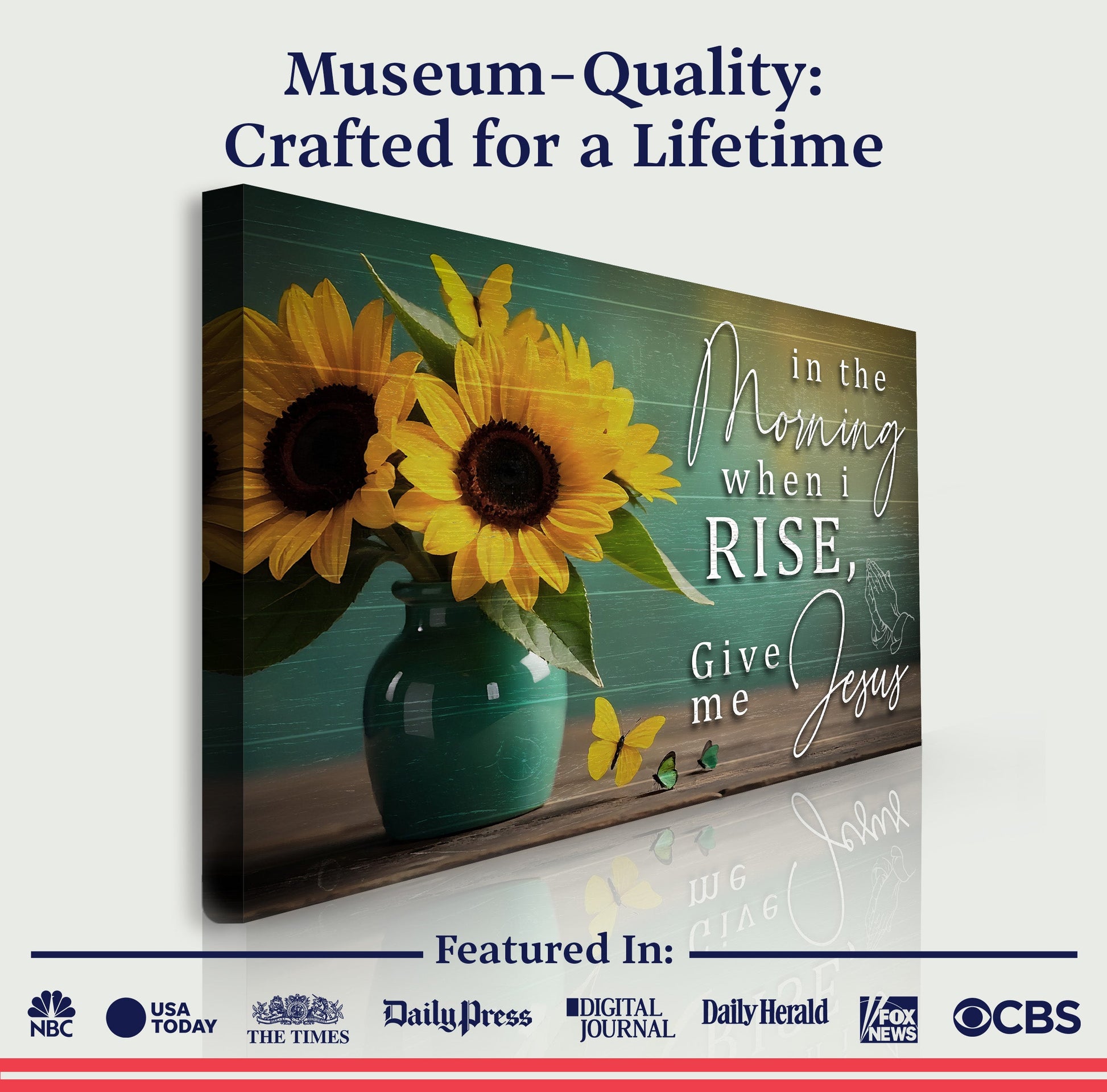 Canvas In Morning Give Me Jesus Faith Sign II by Tailored Canvases; sunflowers in teal vase on Tampa Home & Garden Store