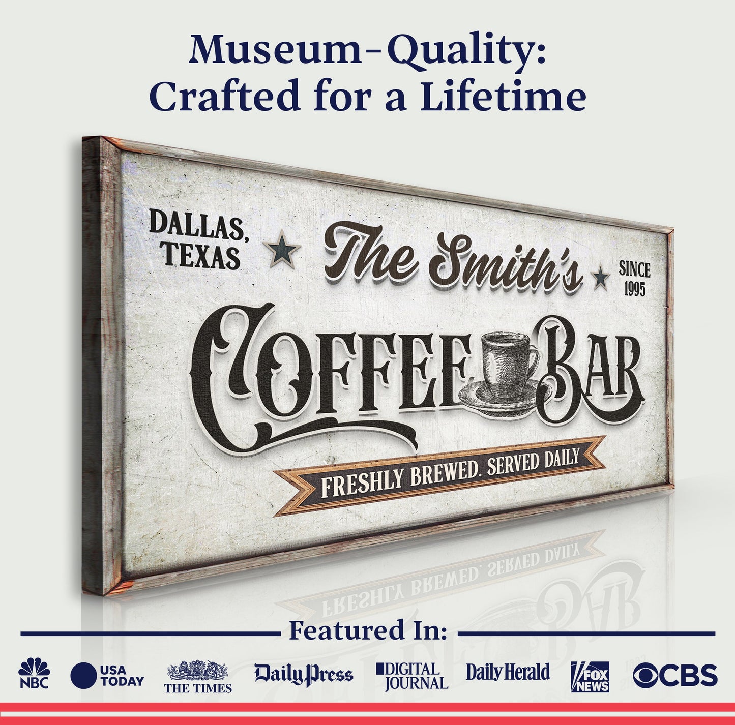 Coffee Bar Sign IX canvas with distressed design, rustic wood frame by Tailored Canvases on Tampa Home & Garden Store