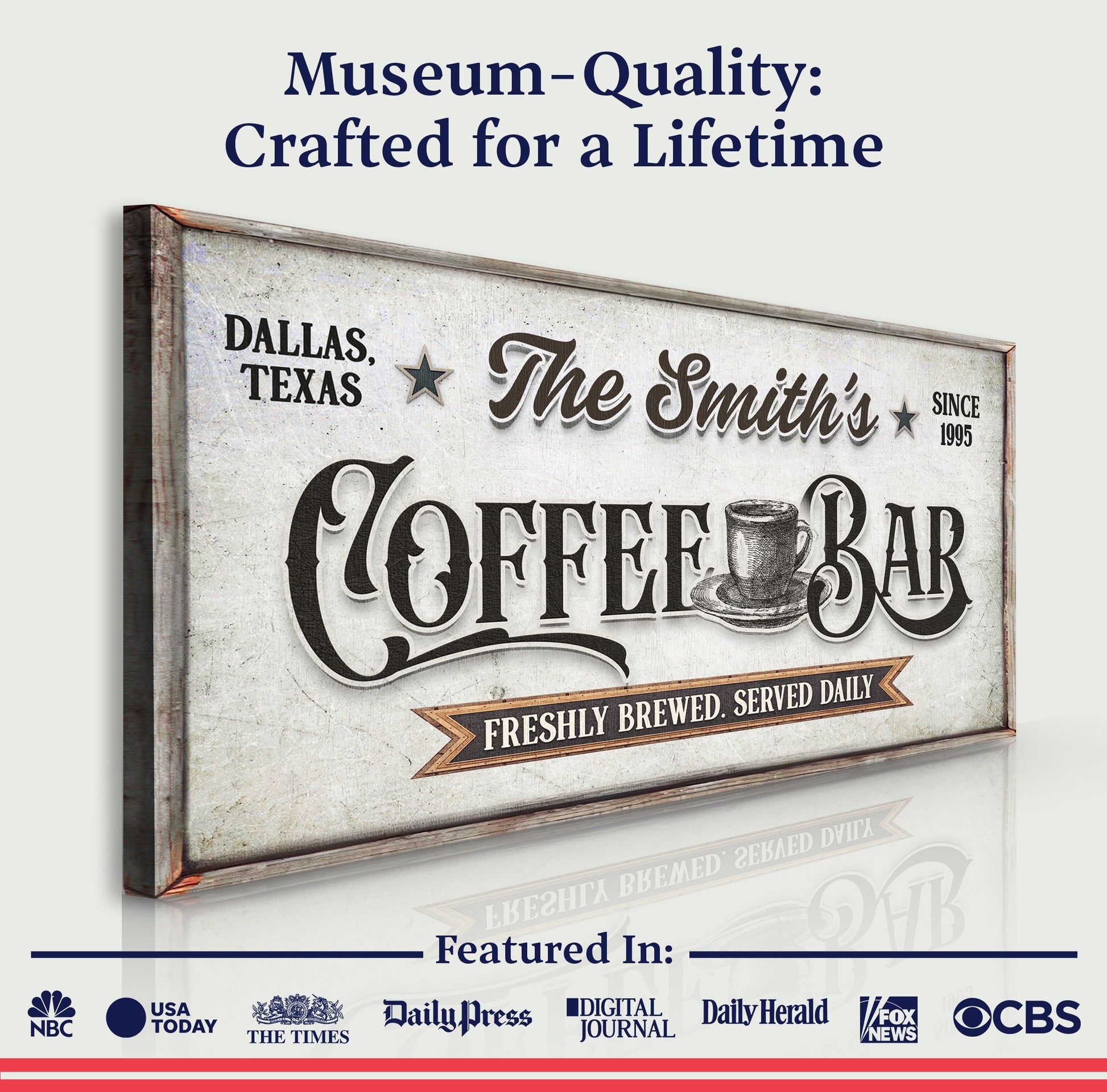 Coffee Bar Sign IX canvas with distressed design, rustic wood frame by Tailored Canvases on Tampa Home & Garden Store